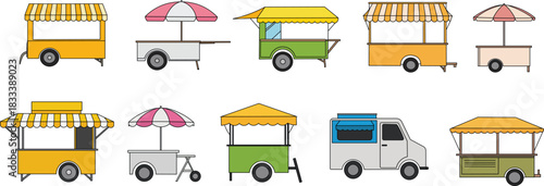 Street food truck and cart vector illustration set, a flat design style.