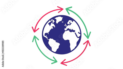 A blue globe of earth encircled by a circular colorful recycling arrow symbol