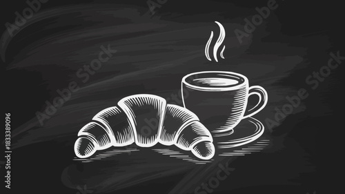 Enjoy a fresh croissant with steaming coffee artfully sketched, perfect for breakfast menus or cafe promotions with a touch of classic charm
