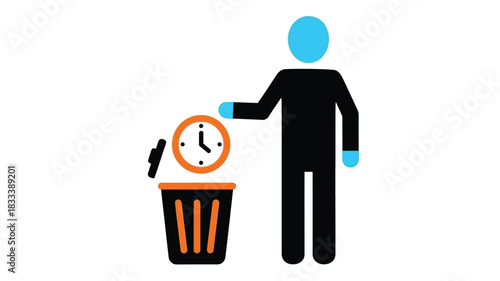 A businessman discarding a clock into a trash can representing wasted time management
