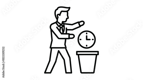 A businessman trying to throw a clock into a trash can representing time management