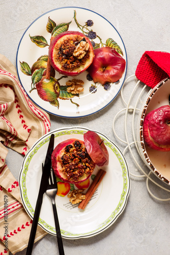 Baked apples with oatmeal, walnuts, raisins, honey and cinnamon