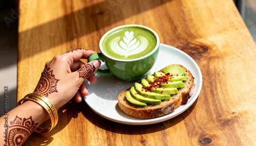 Enjoying a green tea latte with avocado toast on a sunny café table in the afternoon
