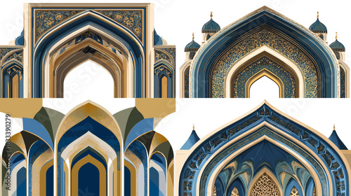 Elegant Islamic arch designs featuring intricate patterns, domes, and geometric details in rich blue and gold tones. Ideal for cultural art, architecture themes, decor, and creative design.