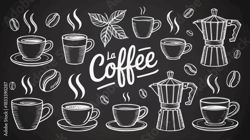 Artistic coffee themed design with cups, beans, and coffee maker, perfect for cafe menus, coffee shop promotions, and vintage-inspired designs