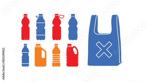 Illustrative depiction of plastic bottles and a shopping bag highlighting plastic waste concerns