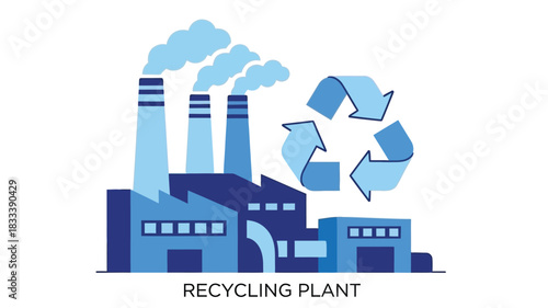 Industrial factory with smokestacks and a recycling symbol representing environmental sustainability