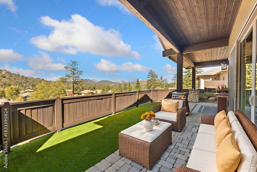 Naklejka premium Scenic Hill View Dining Setup, Al Fresco Brunch Area Overlooking Scenic Hills With Cozy Furniture