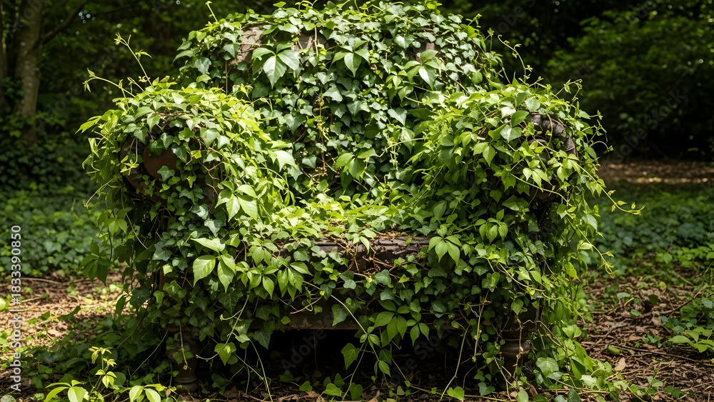 Fototapeta premium Chair covered in green vines in a forest setting
