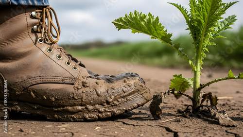 Muddy boot next to a plant growing in dry soil
