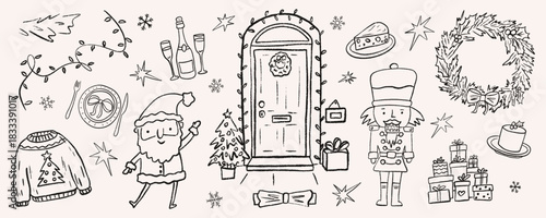 Christmas dinner party doodle sketch and doorway scene with Santa, nutcracker, gifts, and a decorated tree. Festive lights, wreaths, and treats create a warm holiday mood. Crayon vector illustration
