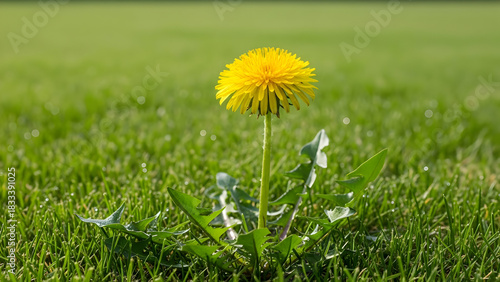 Bright yellow dandelion flower in a green grassy field