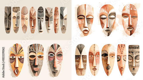 Collection of tribal wooden masks with expressive faces, carved patterns, and earthy tones. Suitable for cultural themes, folklore design, crafts, anthropology visuals, and creative artwork.