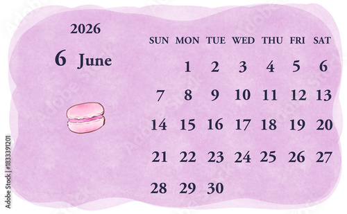 2026年6月のカレンダー　日曜日始まり