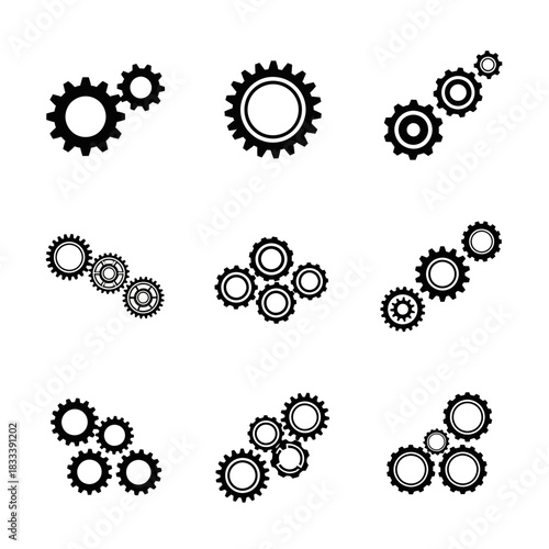 Collection of Interlocking Gear Icons for Mechanical and Technological Concepts.