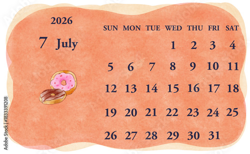 2026年7月のカレンダー　日曜日始まり