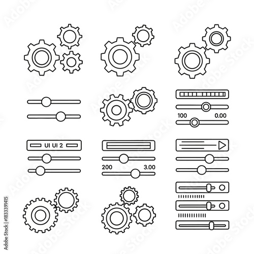 Collection of Outline Gear and Slider Icons for Settings and Adjustments.
