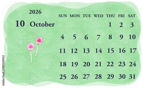 2026年10月のカレンダー　日曜日始まり