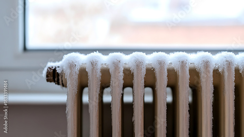A chilling image of a radiator encased in snow, juxtaposed against a blurred window backdrop. Evokes the stark beauty of winter's icy grip on everyday objects.