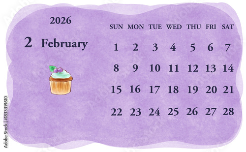 2026年2月のカレンダー　日曜日始まり