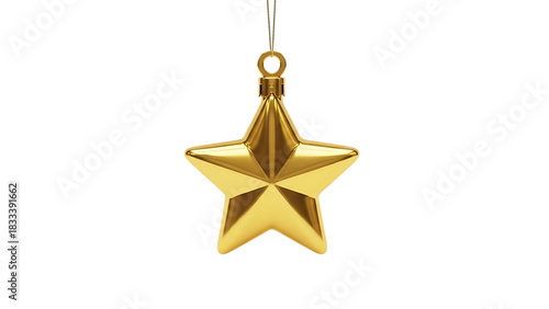 Golden star ornament isolated on transparent background for christmas tree