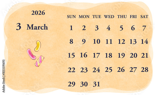 2026年3月のカレンダー　日曜日始まり