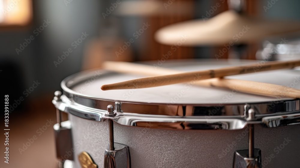 Obraz premium Music Band Percussion Focus - Close-Up of Snare Drum with Drumsticks in Warm Studio