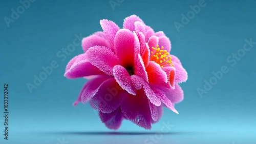 Vibrant pink flower with intricate details against a blue backdrop