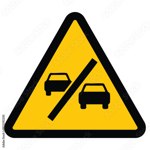 A standard yellow warning sign with a black border indicating that overtaking is prohibited. It features two black car silhouettes separated by a diagonal black line, commonly seen on roads to ensure 