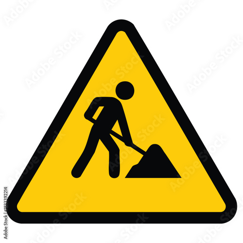 A standard yellow triangular warning sign with a black border depicting a man digging with a shovel next to a pile of dirt indicating ongoing construction or road work
