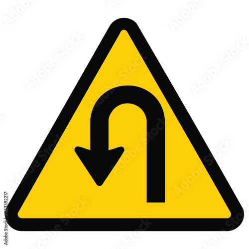 A yellow triangular warning sign with a black border indicating a U turn ahead with an arrow pointing downwards
