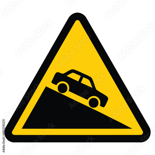 A yellow triangular warning sign with a black border showing a black car descending a steep slope indicating a hazardous downhill grade ahead
