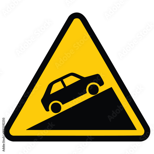 A yellow triangular warning sign with a black border features a black silhouette of a car climbing a steep black slope or hill. This sign indicates an uphill gradient on the road ahead for drivers.
