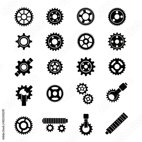 Collection of various gear and cog icons representing mechanical engineering and industrial concepts.