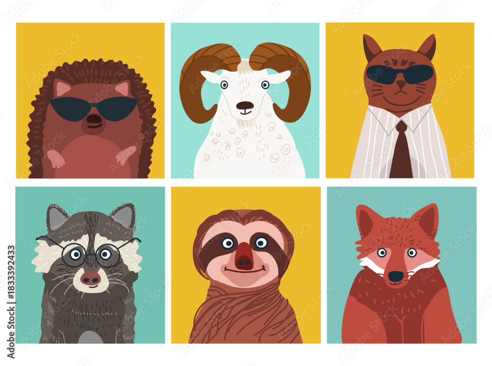 Naklejka premium Animals avatars set, cute portraits, user profiles, hand drawn vector illustration.