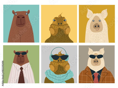 Animals avatars set, cute portraits, user profiles, hand drawn vector illustration.