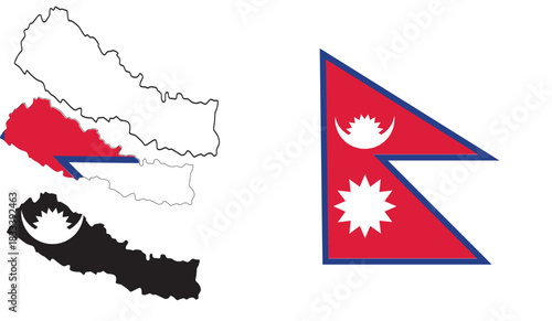 Nepal Flag and Map Vector Illustration: Unique Non-Rectangular National Symbol