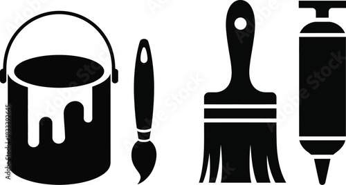 Black and White Vector Icon Set of Paint Can and Brushes