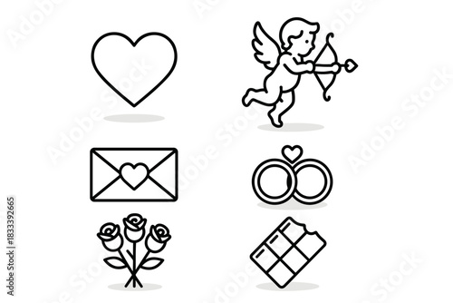 A set of 4 clean black and white (outline/line) icons in a minimalist style on the theme of romance and Valentine's Day.