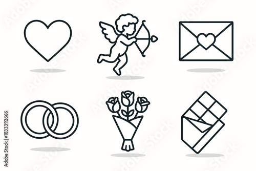 A set of 6 clean black and white (outline/line) icons in a minimalist style on the theme of romance and Valentine's Day.