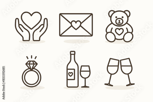A set of 6 minimalist black and white (line-style) icons on the theme of romance and Valentine's Day.