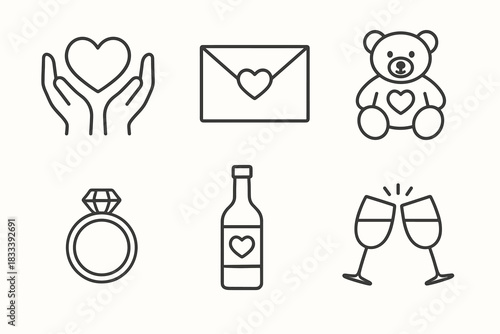 A set of 6 minimalist black and white (line-style) icons on the theme of romance and Valentine's Day.