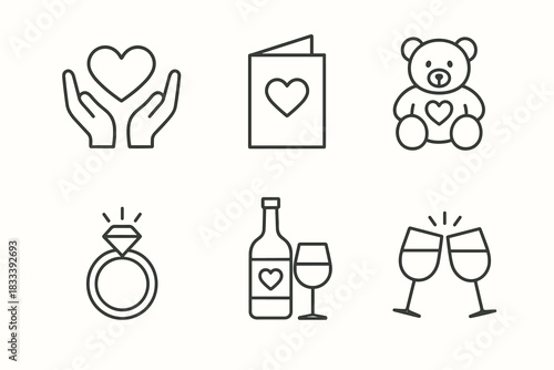 A set of 6 minimalist black and white (line-style) icons on the theme of romance and Valentine's Day.