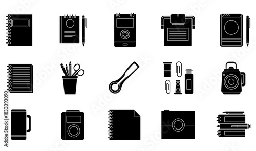Black silhouette icon set of Office and Study Supplies: Notebooks, Pens, Mug, Scissors, Tech Gear, and Books for Education or Business.