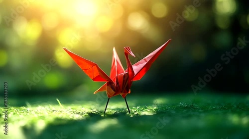 Vibrant red origami crane stands proudly on green grass under sunlight