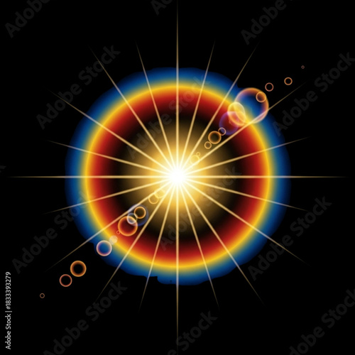 Vibrant starburst with lens flares and rainbow halo for striking graphic design, cosmic energy, and modern technology visuals, originally a scalable vector graphic