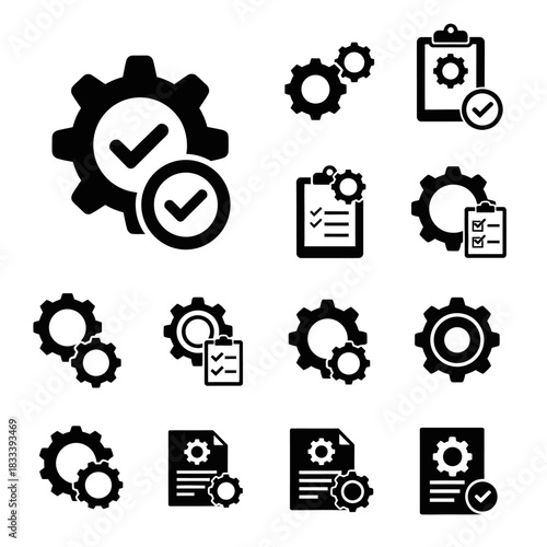 Gear and Checklist Icons for Process Management and Task Completion.