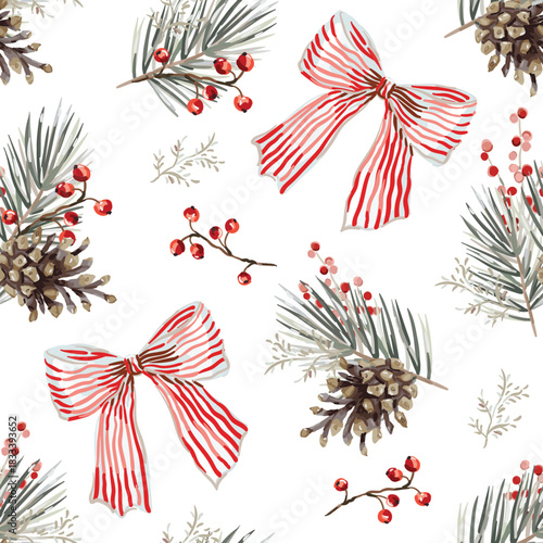 Christmas seamless pattern, pine cones, twigs, red berries, striped bows, white background. Vector illustration. Nature design. Season greeting. Winter xmas holidays