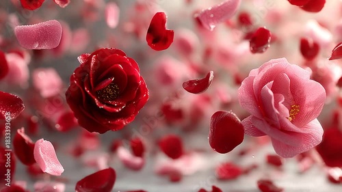 Vibrant roses surrounded by falling petals in bloom