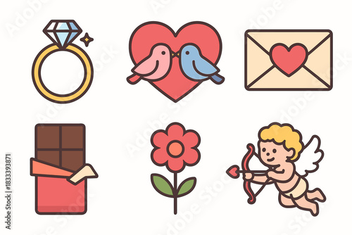 A very cute and delicate set of icons in a kawaii-romantic style, perfect for Valentine's Day.